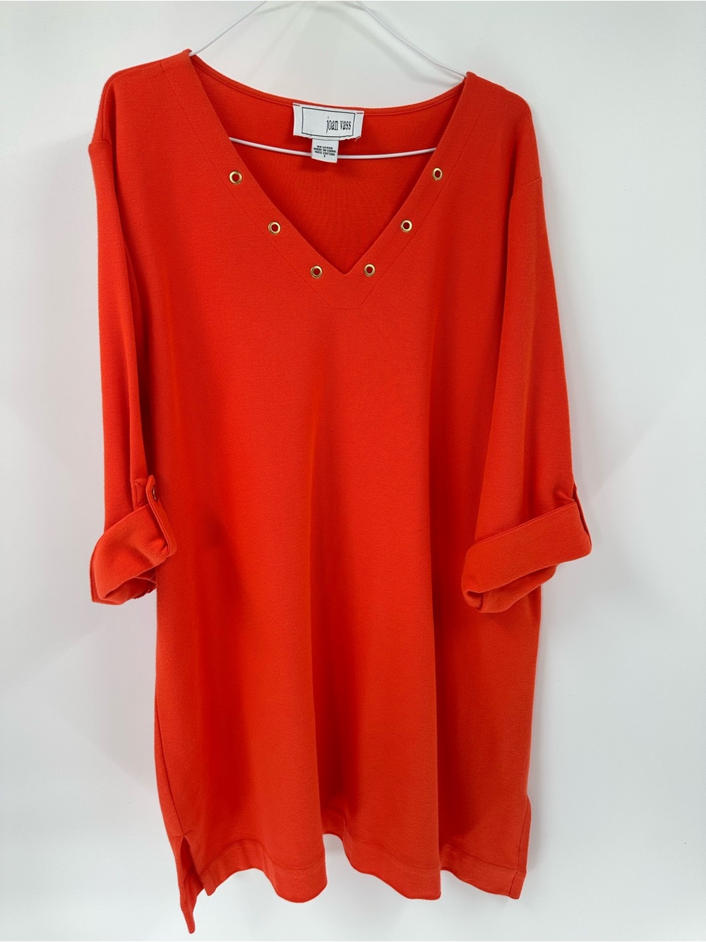 Joan Vass cotton Orange V-Neck Tunic Gold Grommets Cuffed Sleeves Plus Sz 3X